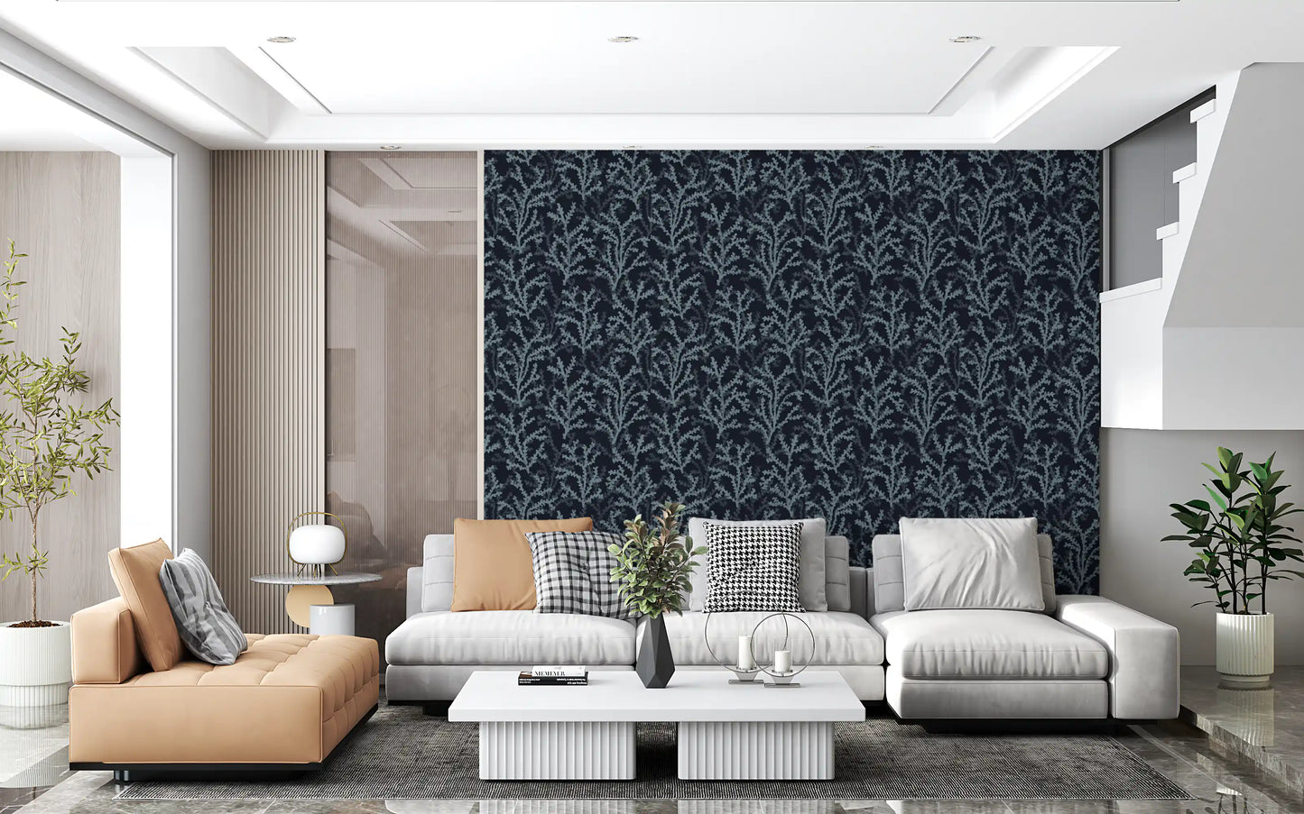 Coraline pattern wallpaper adding coastal dark blue elements to living room.