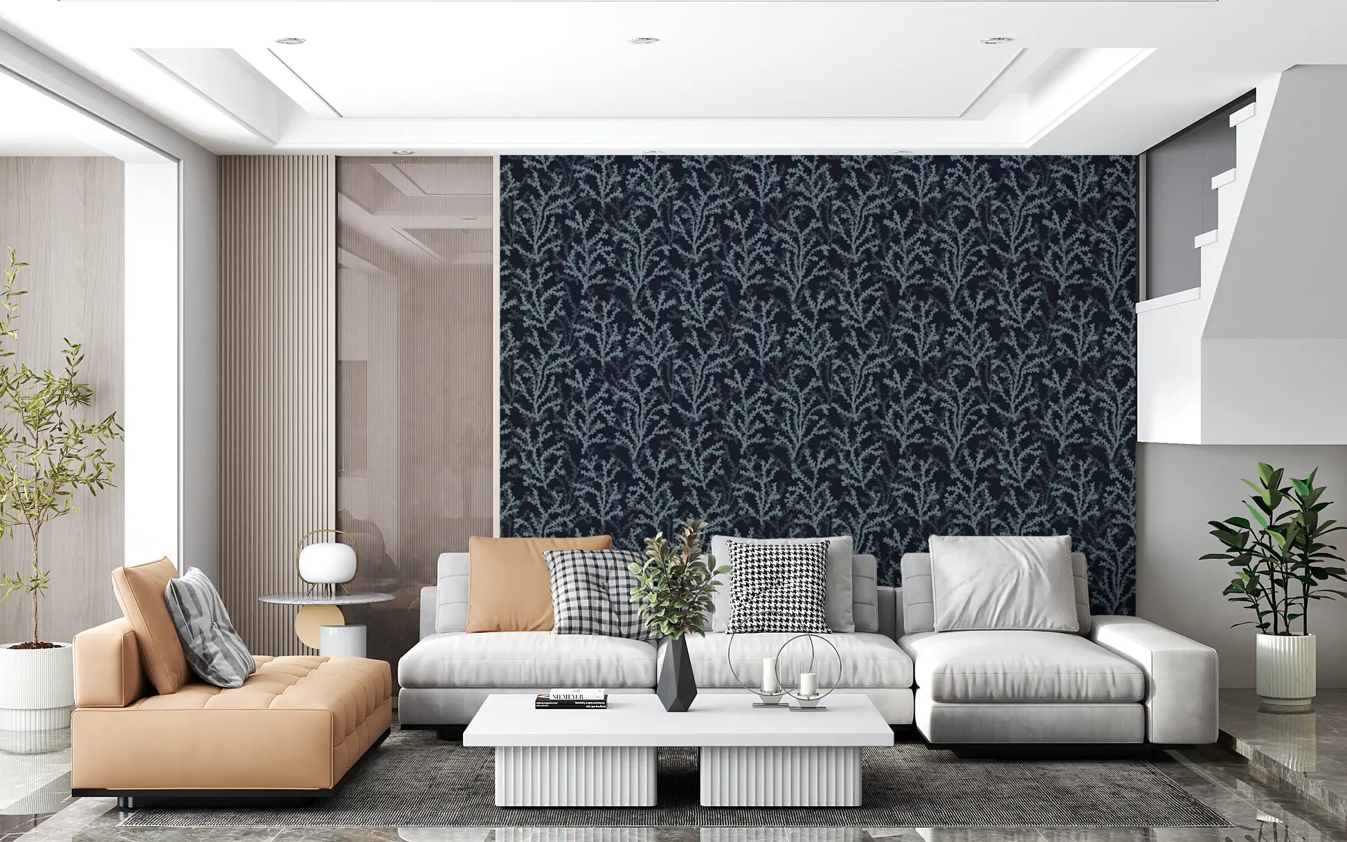 Coraline pattern wallpaper adding coastal dark blue elements to living room.