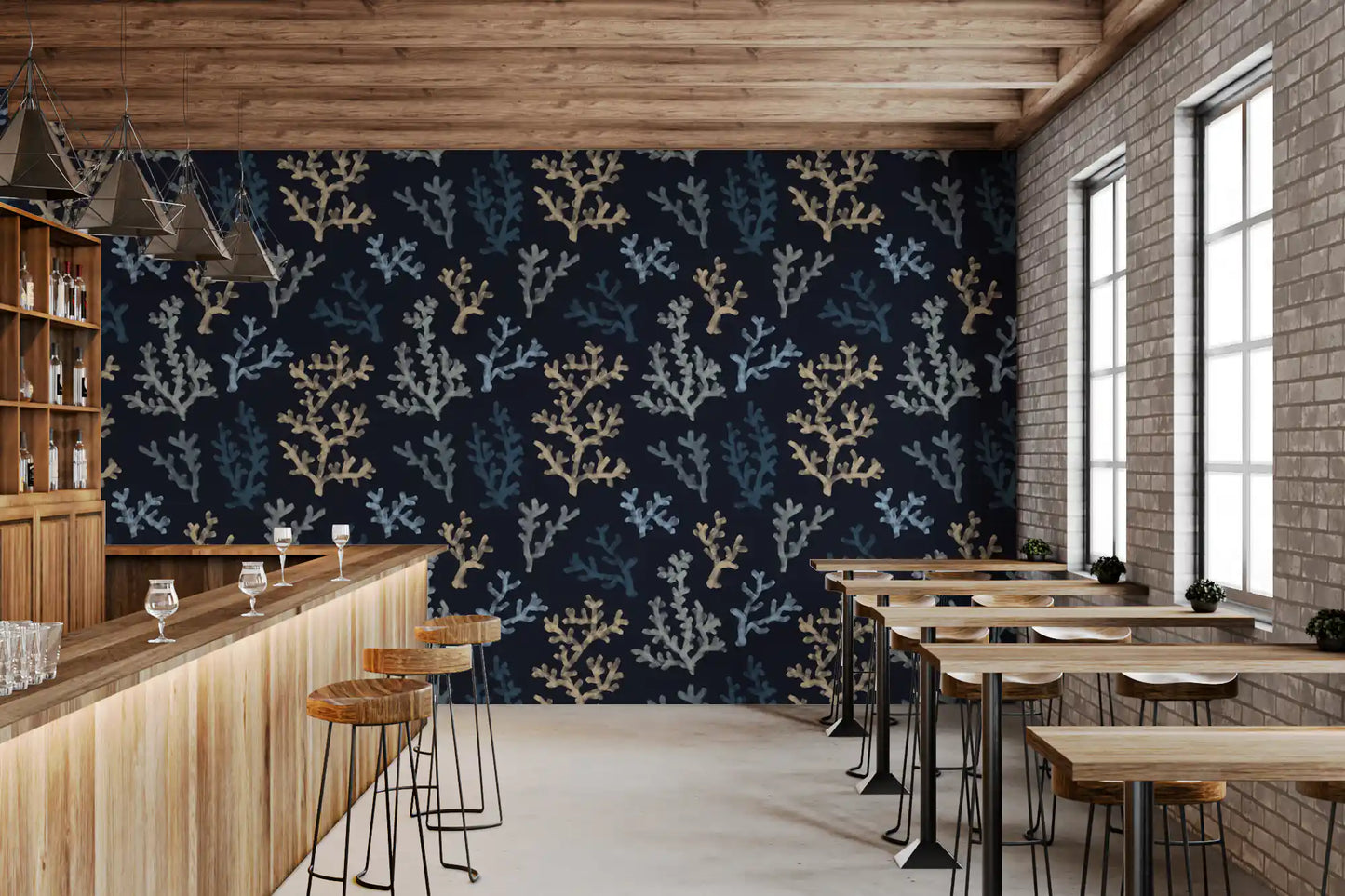 Ocean themed interior wallpaper showing blue Corals for a modern bar.