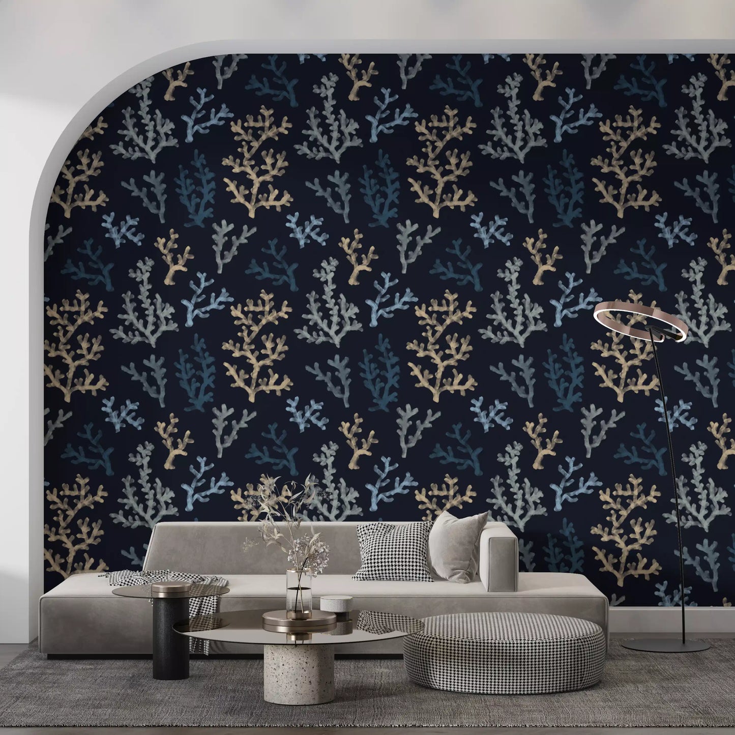 Painted sea life wallpaper in grey and tan colors for a lounge interior.