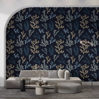 Painted sea life wallpaper in grey and tan colors for a lounge interior.
