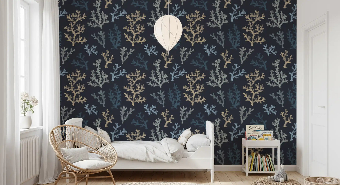 Painted Corals Dark Wallpaper in blue and beige for kids bedroom feature wall.