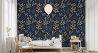 Painted Corals Dark Wallpaper in blue and beige for kids bedroom feature wall.