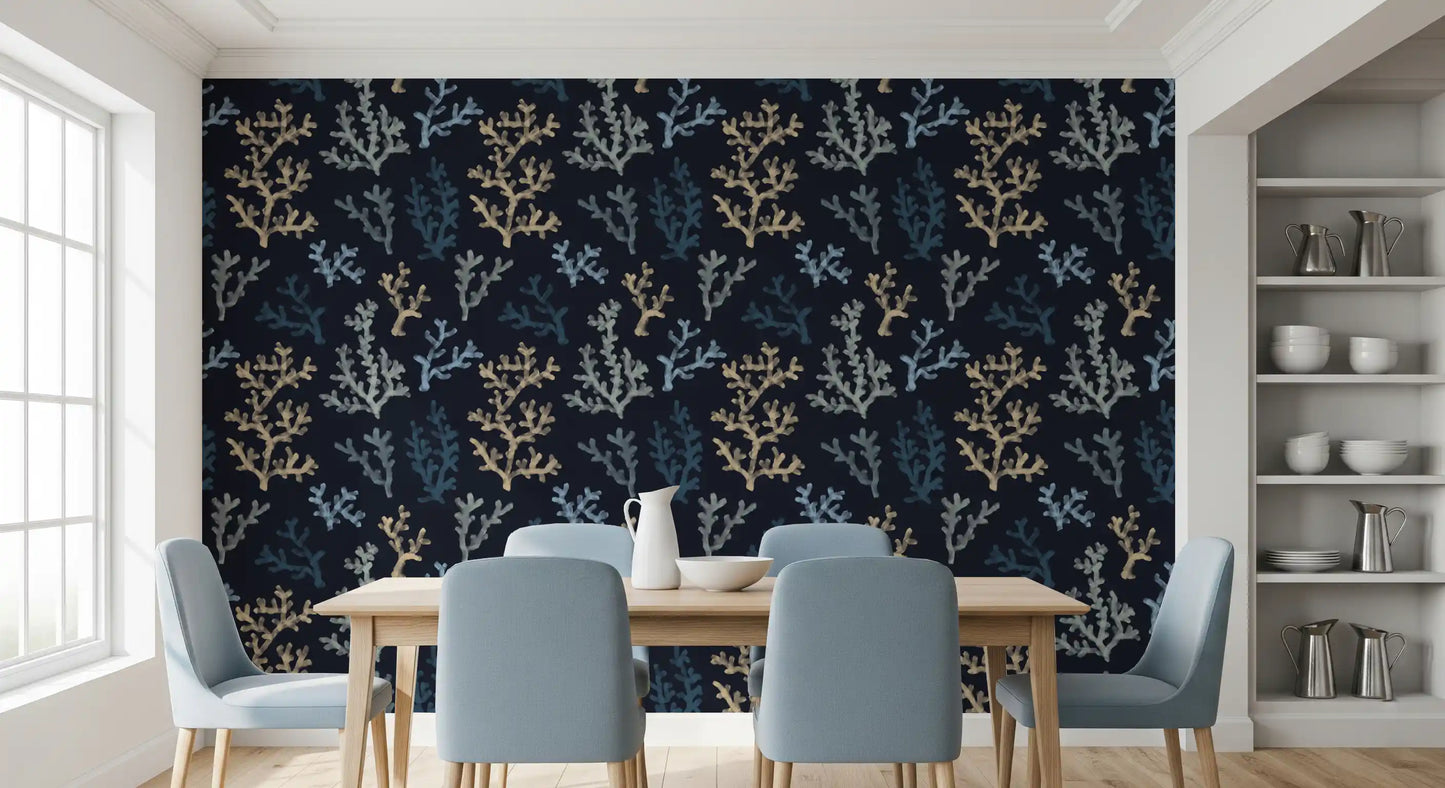 Painted sea plant wallpaper showing blue and beige branches for a dining area.