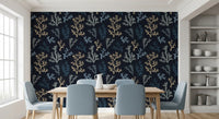 Painted sea plant wallpaper showing blue and beige branches for a dining area.