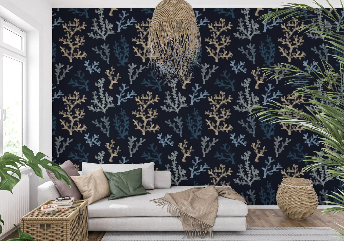 Underwater branch pattern wallpaper with Dark background for bright living area.
