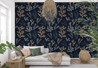 Underwater branch pattern wallpaper with Dark background for bright living area.