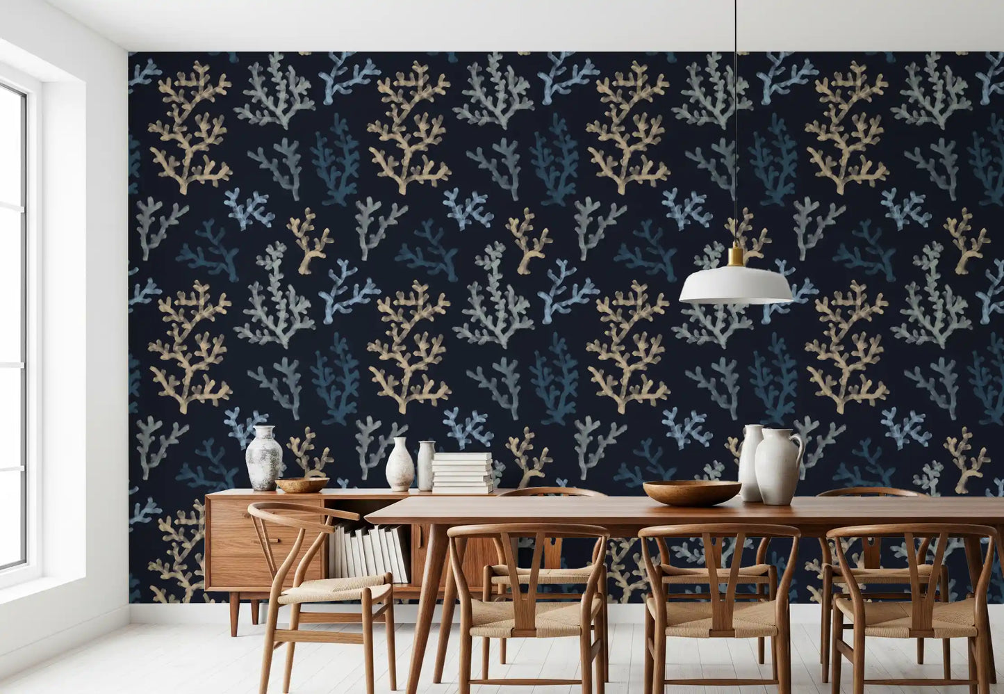 Painted Corals Dark Wallpaper applied to a coastal themed dining space.