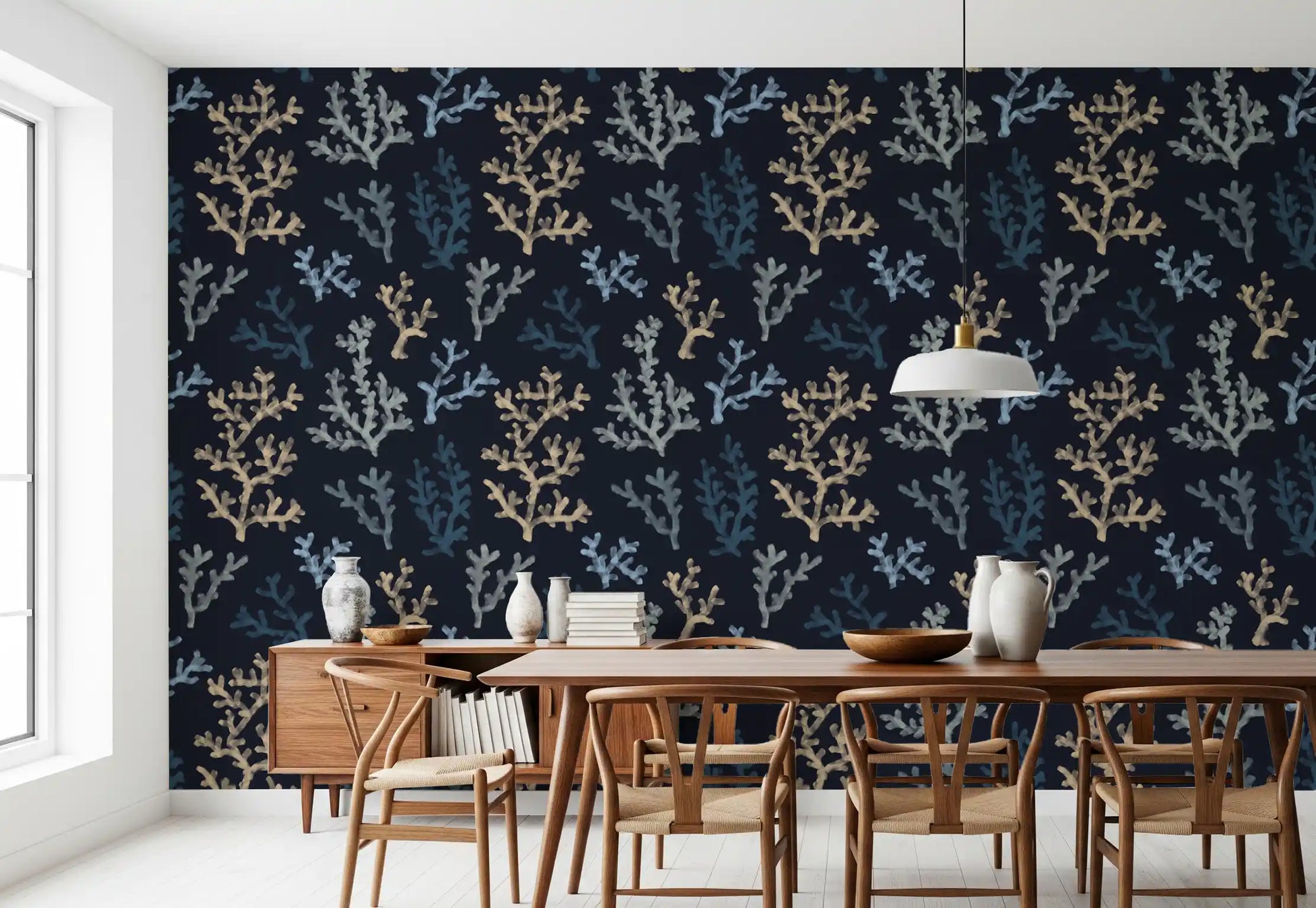 Painted Corals Dark Wallpaper applied to a coastal themed dining space.
