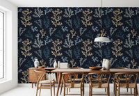 Painted Corals Dark Wallpaper applied to a coastal themed dining space.