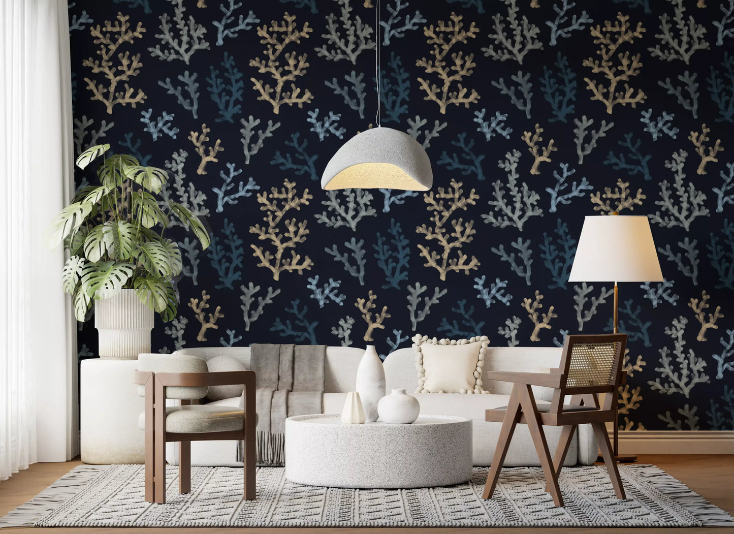 Dark navy blue marine wallpaper with light beige Corals for a hallway interior.