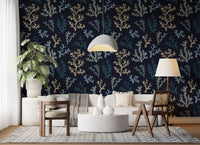 Dark navy blue marine wallpaper with light beige Corals for a hallway interior.