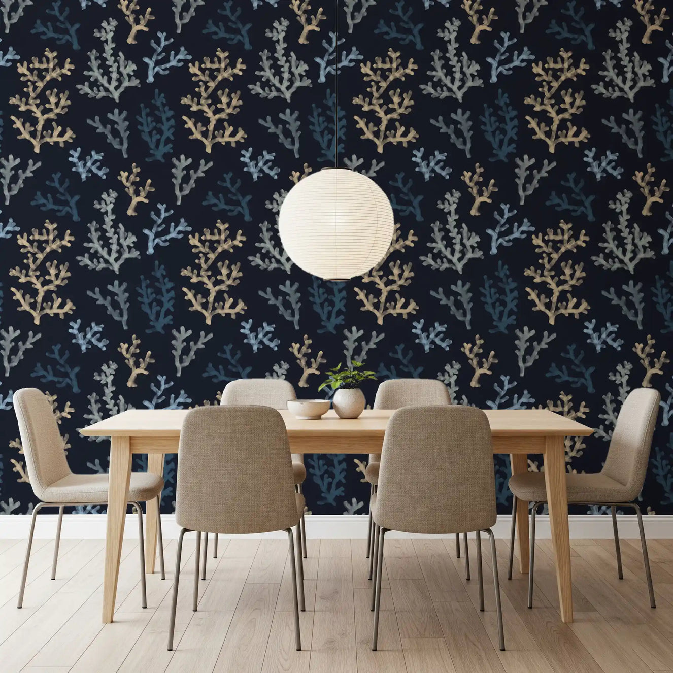 Painted Corals Dark Wallpaper for a modern dining room background.