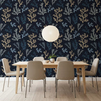Painted Corals Dark Wallpaper for a modern dining room background.