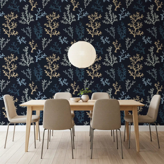 Painted Corals Dark Wallpaper for a modern dining room background., GD9884