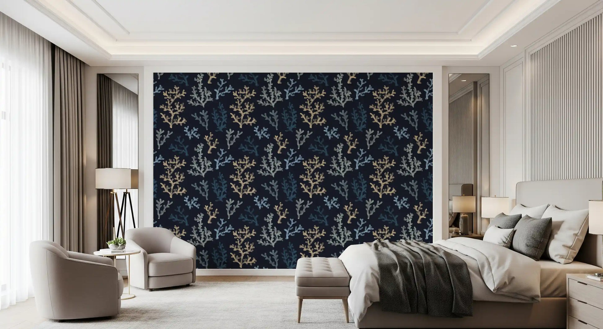 Dark blue wallpaper displaying underwater plant patterns for a master bedroom.