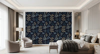 Dark blue wallpaper displaying underwater plant patterns for a master bedroom.