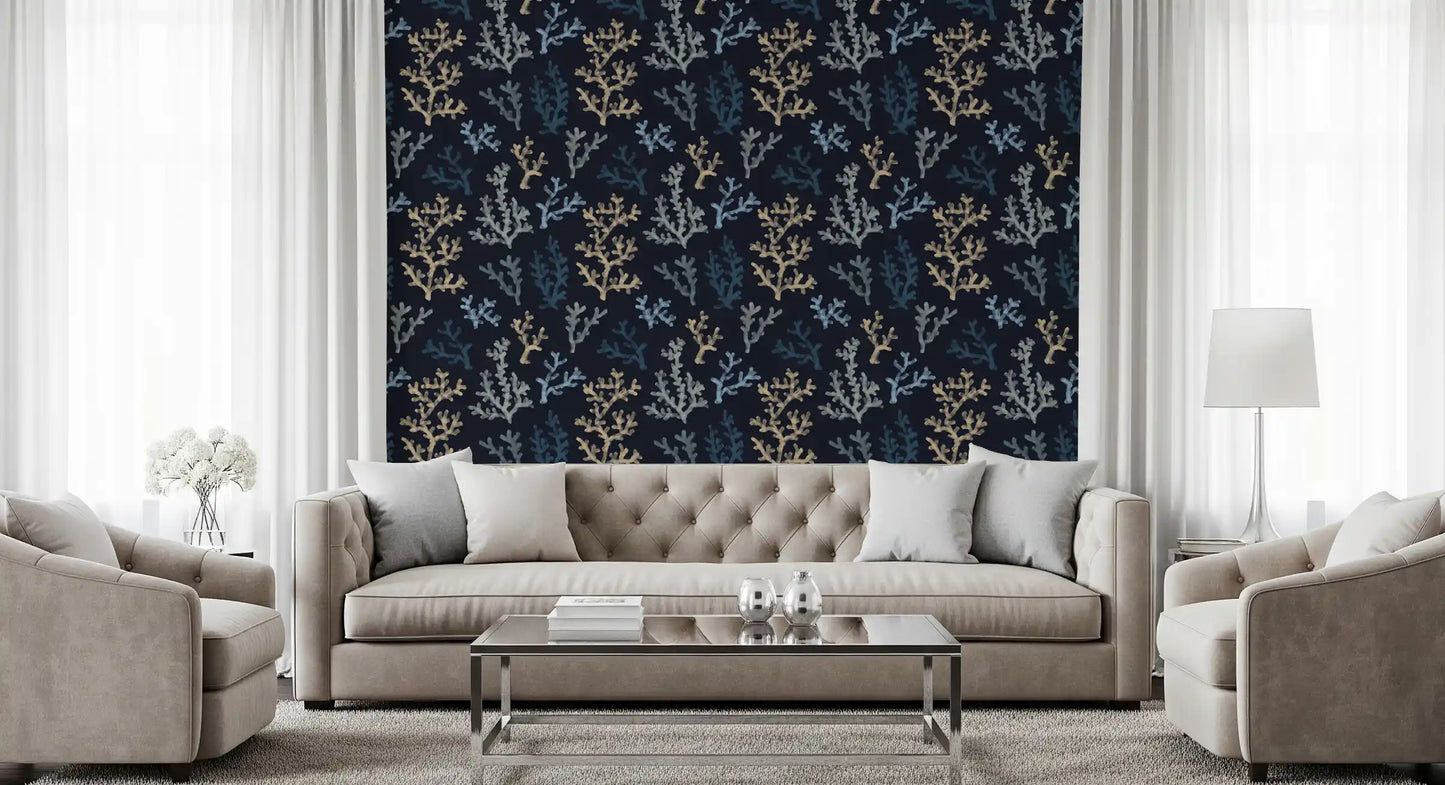 Navy and beige Painted marine plant wallpaper for a residential entryway wall.