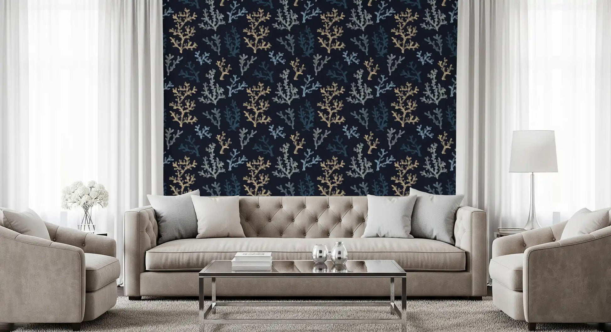 Navy and beige Painted marine plant wallpaper for a residential entryway wall.