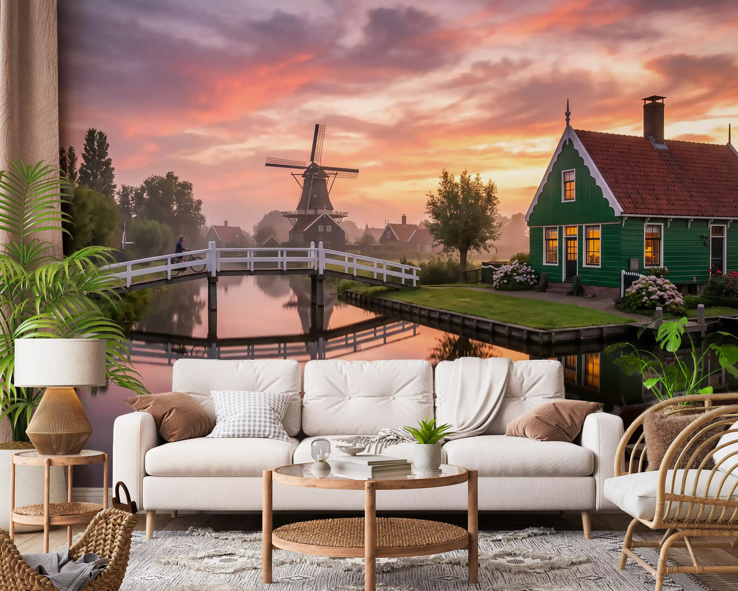 Green cottage and windmill by the Canal wall mural with orange dawn sky., GD9885