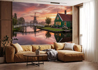Classic windmill and green house by Canal wall mural with floral garden., GD9885