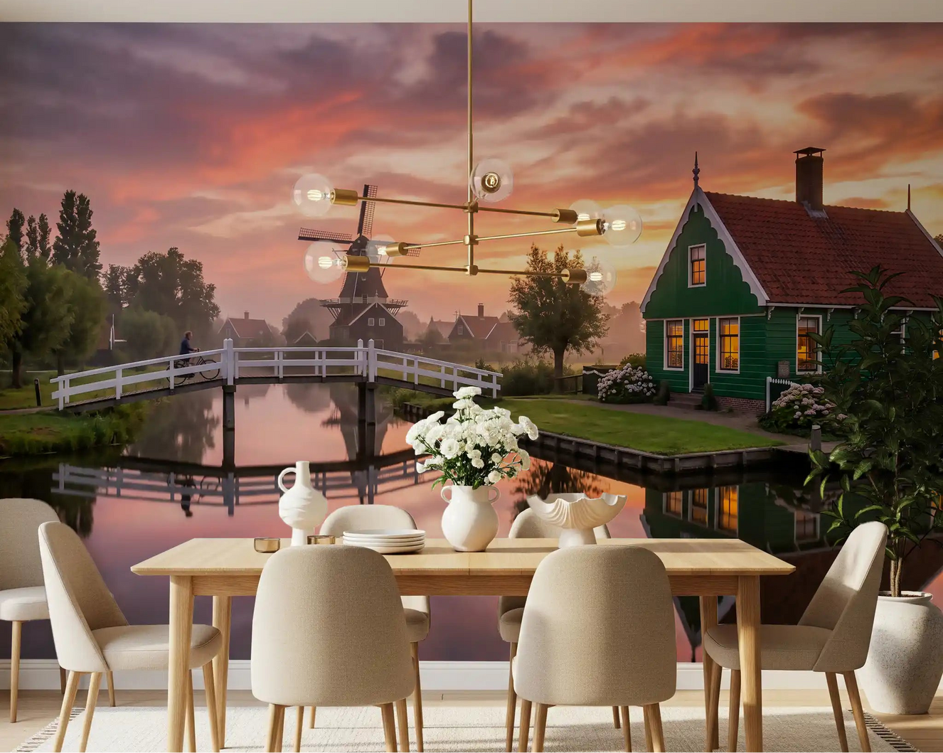 Canal Glow at Dawn Wall Mural with windmill and green cottage for dining area.