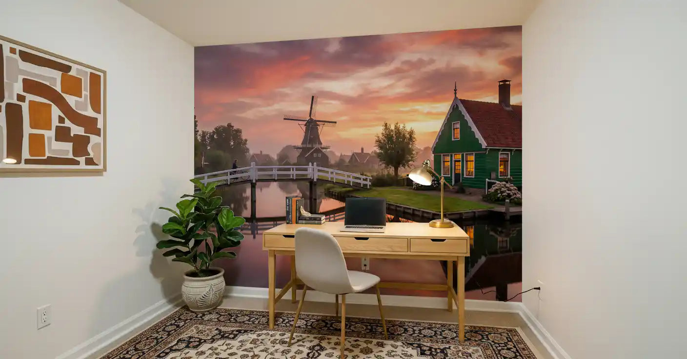 Dawn sky and windmill over Canal wall mural in pink and green for study area., GD9885
