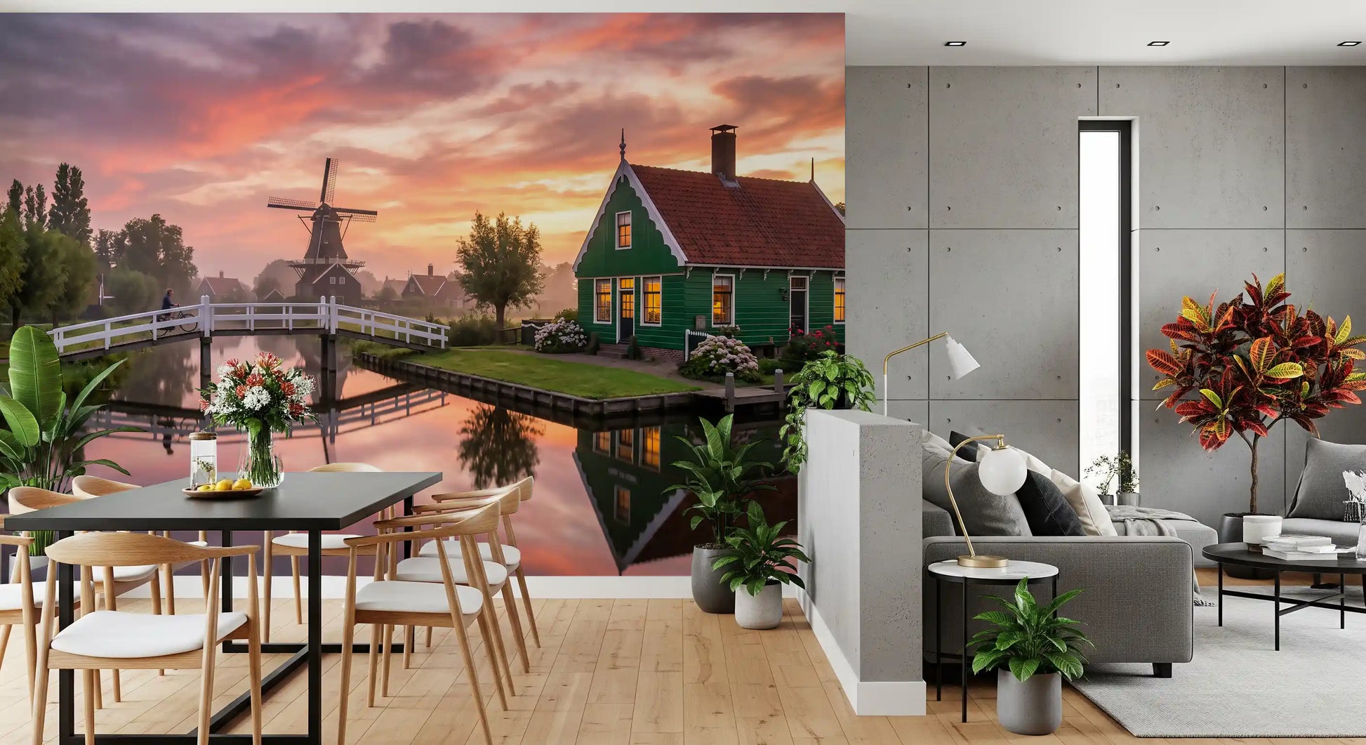 Pink dawn clouds and Canal wall mural with quiet waters for dining area., GD9885