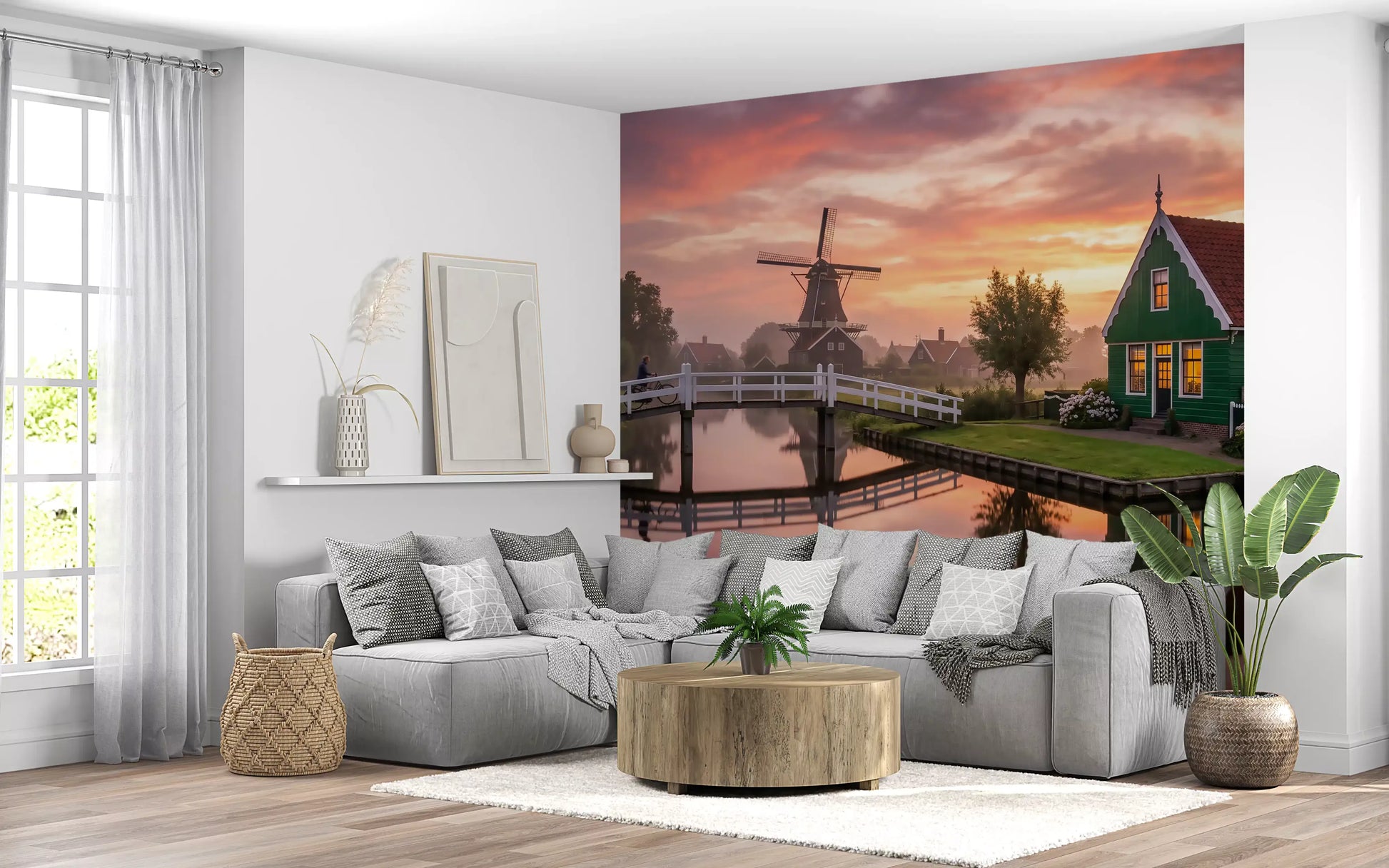 Canal Glow at Dawn Wall Mural featuring white bridge and trees for living room., GD9885