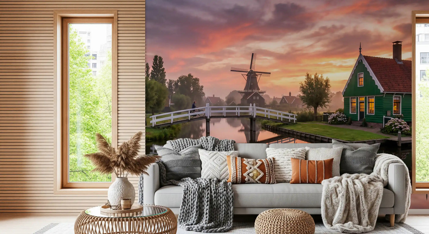 Red roof house and Canal wall mural with person riding bicycle on bridge., GD9885