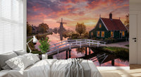 Bedroom Dutch Dawn Serenity Wall Mural showing canal and green house., GD9886
