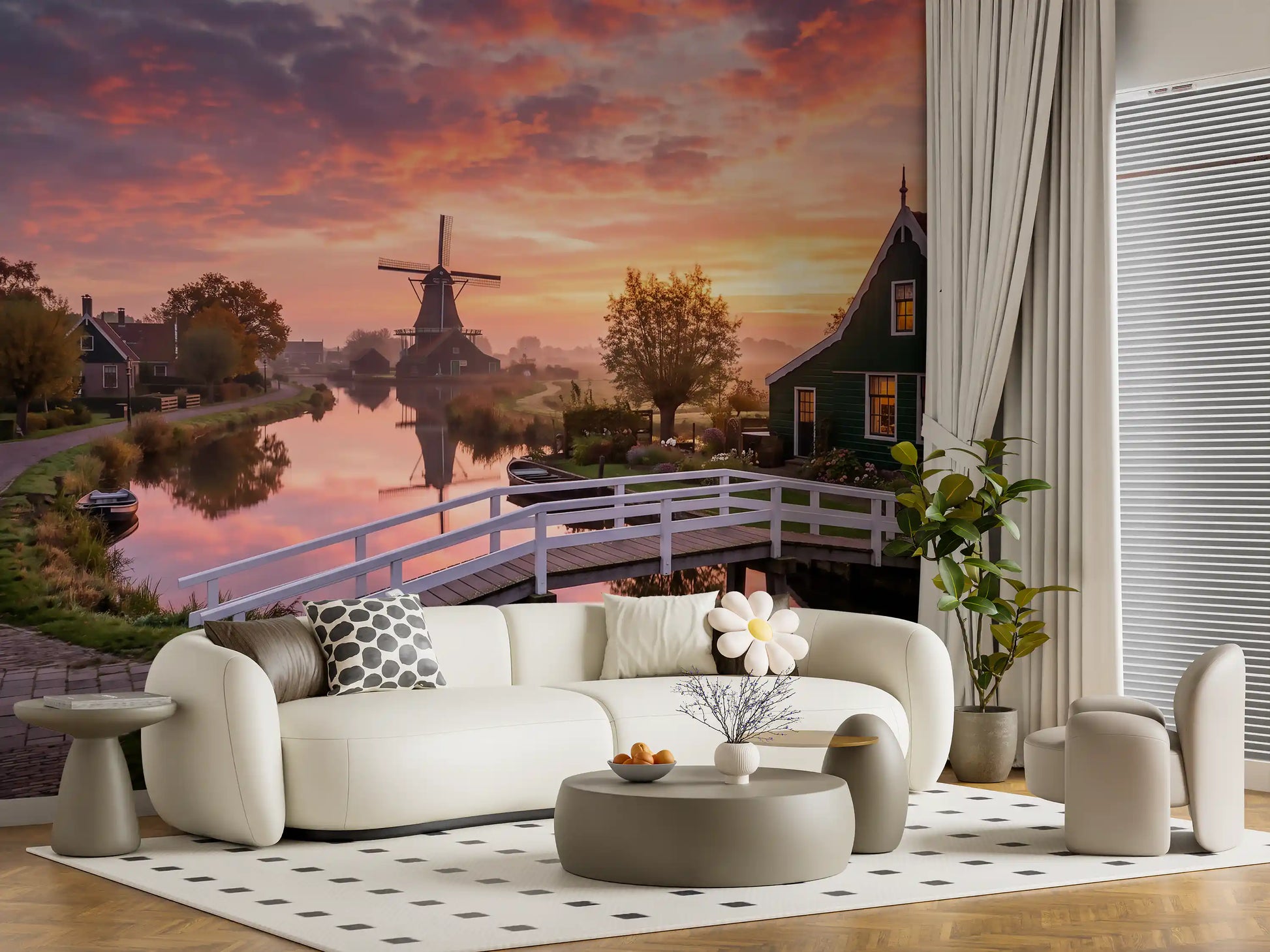 Classic Dutch village landscape wall mural for living room with windmill., GD9886