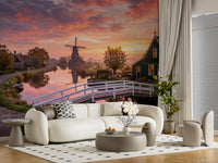 Classic Dutch village landscape wall mural for living room with windmill., GD9886