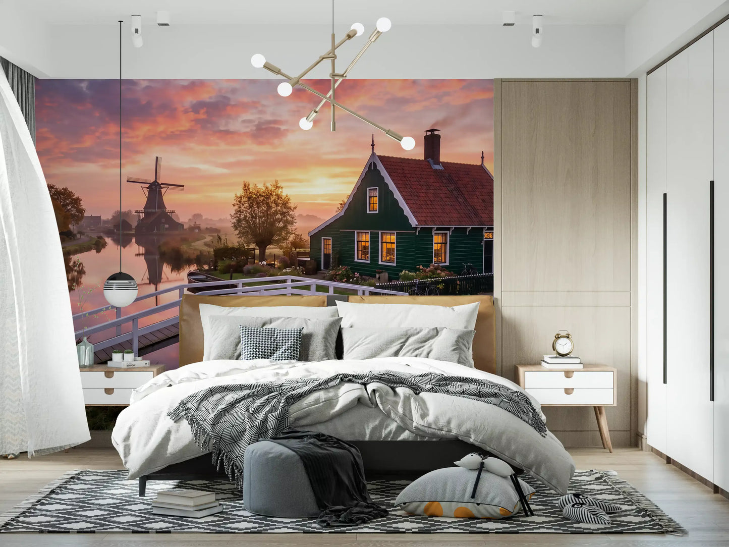 Dutch Dawn Serenity Wall Mural featuring a village windmill reflection., GD9886