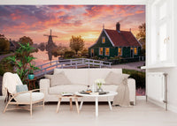Dawn pink clouds and clear canal water reflection wall mural for hallway., GD9886