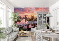 Serenity sunset nature wall mural showing bridge and green house., GD9886