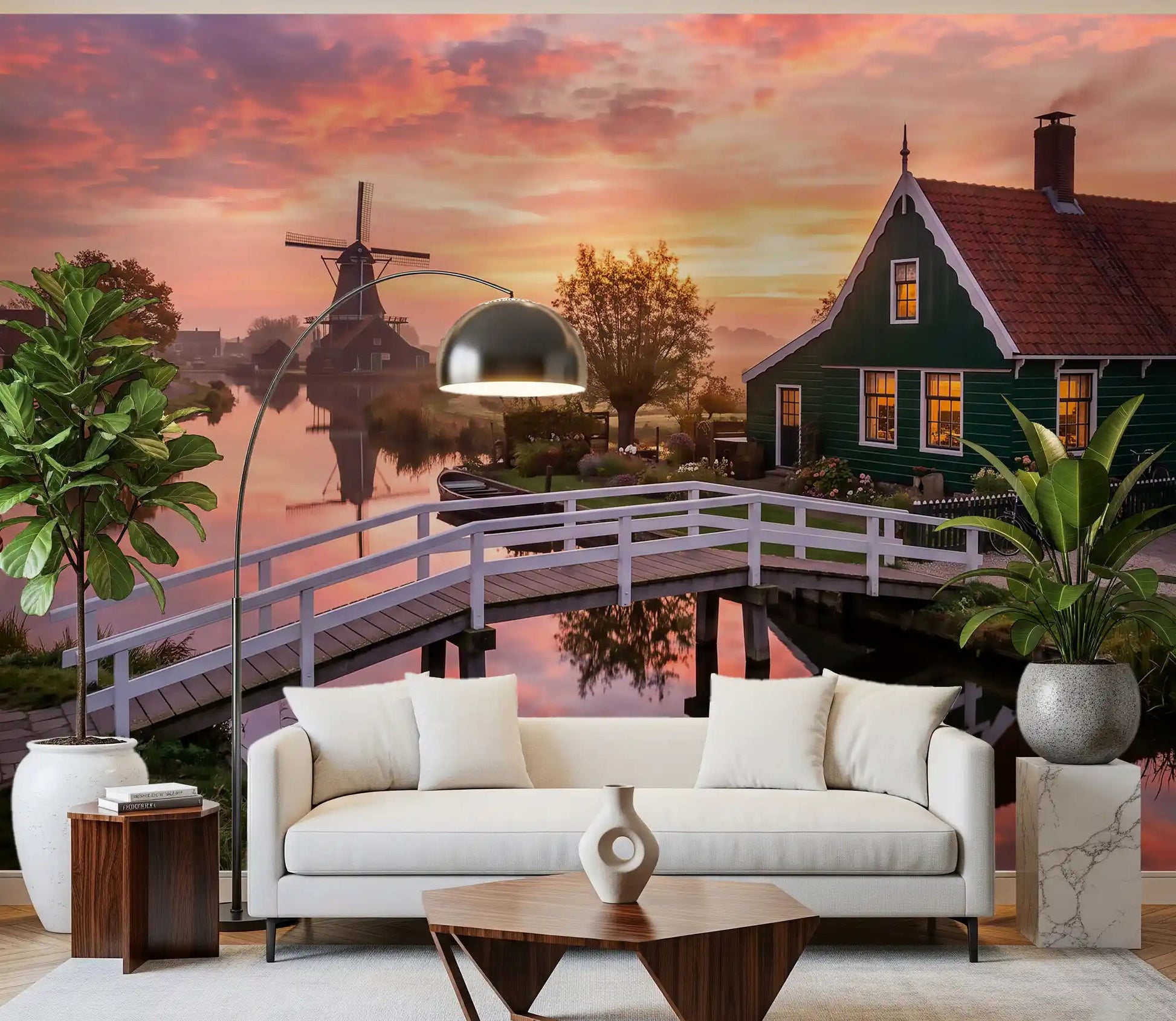 Dutch Dawn Serenity Wall Mural for living room with pink sunrise sky., GD9886