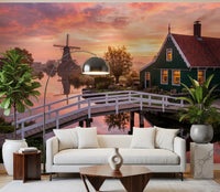 Dutch Dawn Serenity Wall Mural for living room with pink sunrise sky., GD9886
