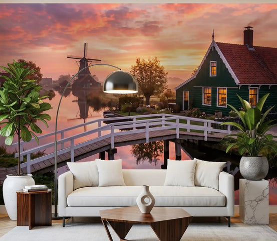 Dutch Dawn Serenity Wall Mural for living room with pink sunrise sky., GD9886