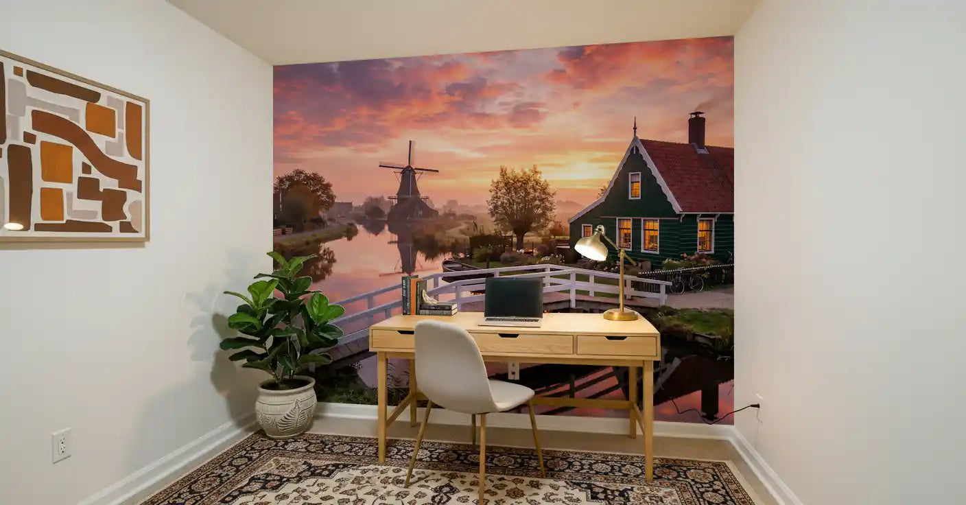 Pink sunrise serenity wall mural with calm water and architecture for study room., GD9886