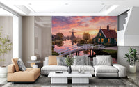Dutch river landscape wall mural for office featuring a historic windmill., GD9886