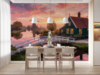 Sunset village canal bridge in Dutch Dawn Serenity Wall Mural design., GD9886