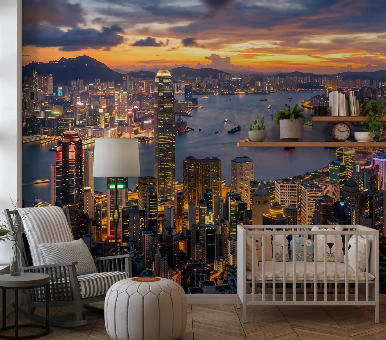 Orange and blue Hong Kong Twilight Skyline Wall Mural for modern nursery.