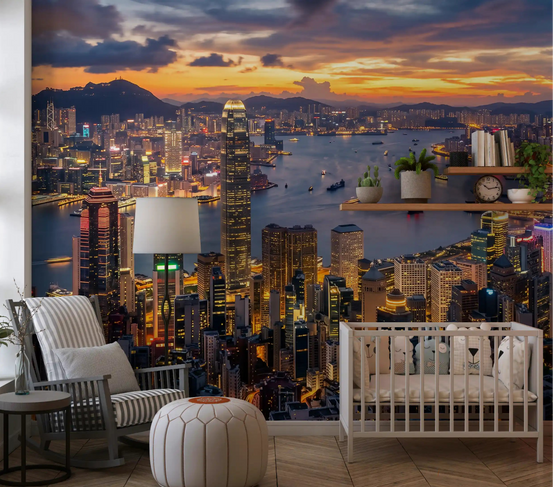 Orange and blue Hong Kong Twilight Skyline Wall Mural for modern nursery., GD9887
