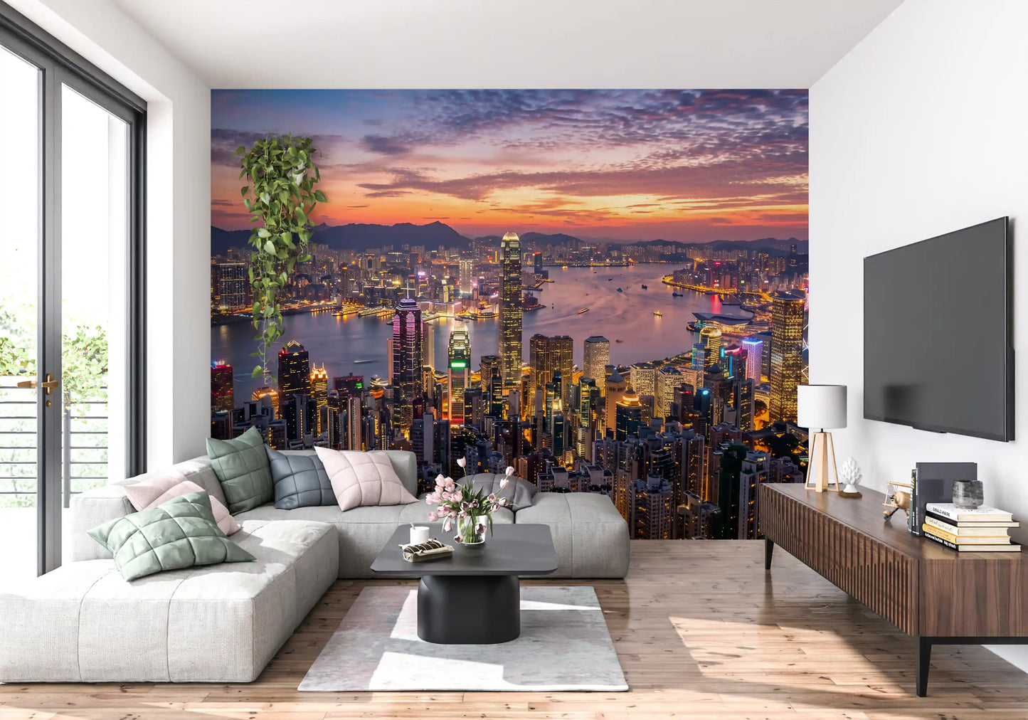 Harbour skyline wall mural showing a modern metropolis at sunset for living room.