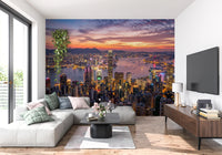 Harbour skyline wall mural showing a modern metropolis at sunset for living room.