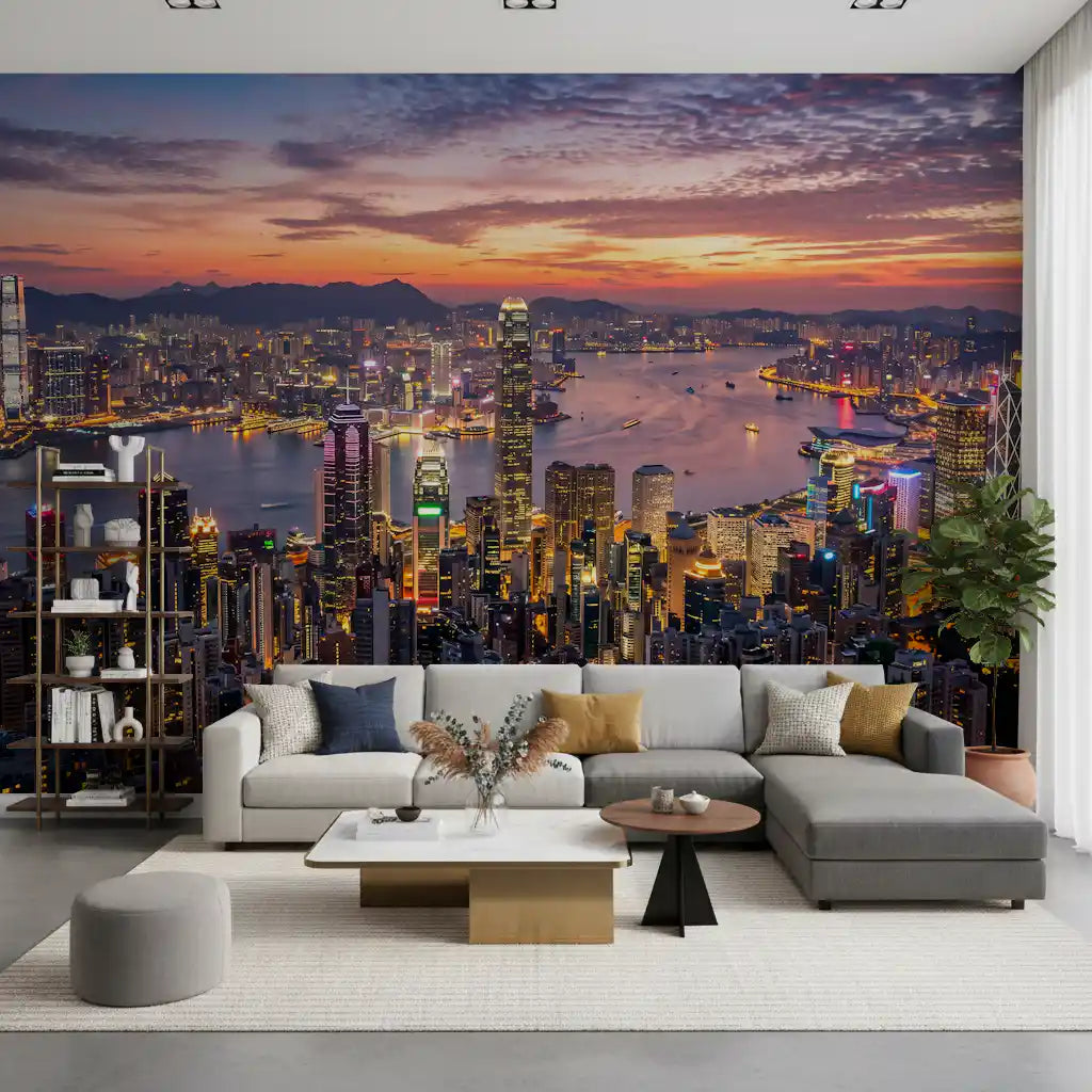 Harbour waterfront wall mural for lounges featuring dusk sky and tall buildings.