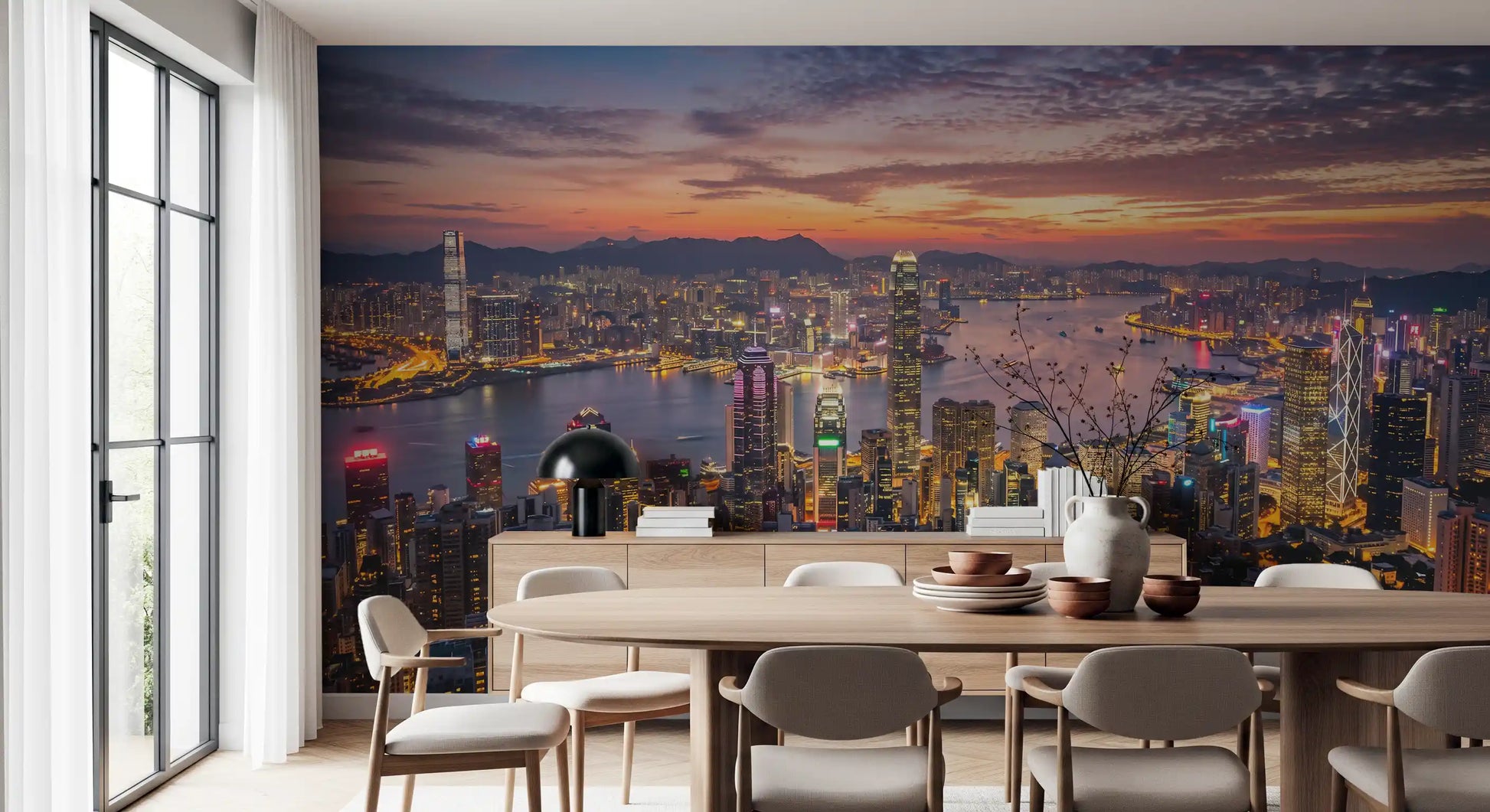 Victoria Harbour Twilight Wall Mural showing illuminated city skyscrapers and water.