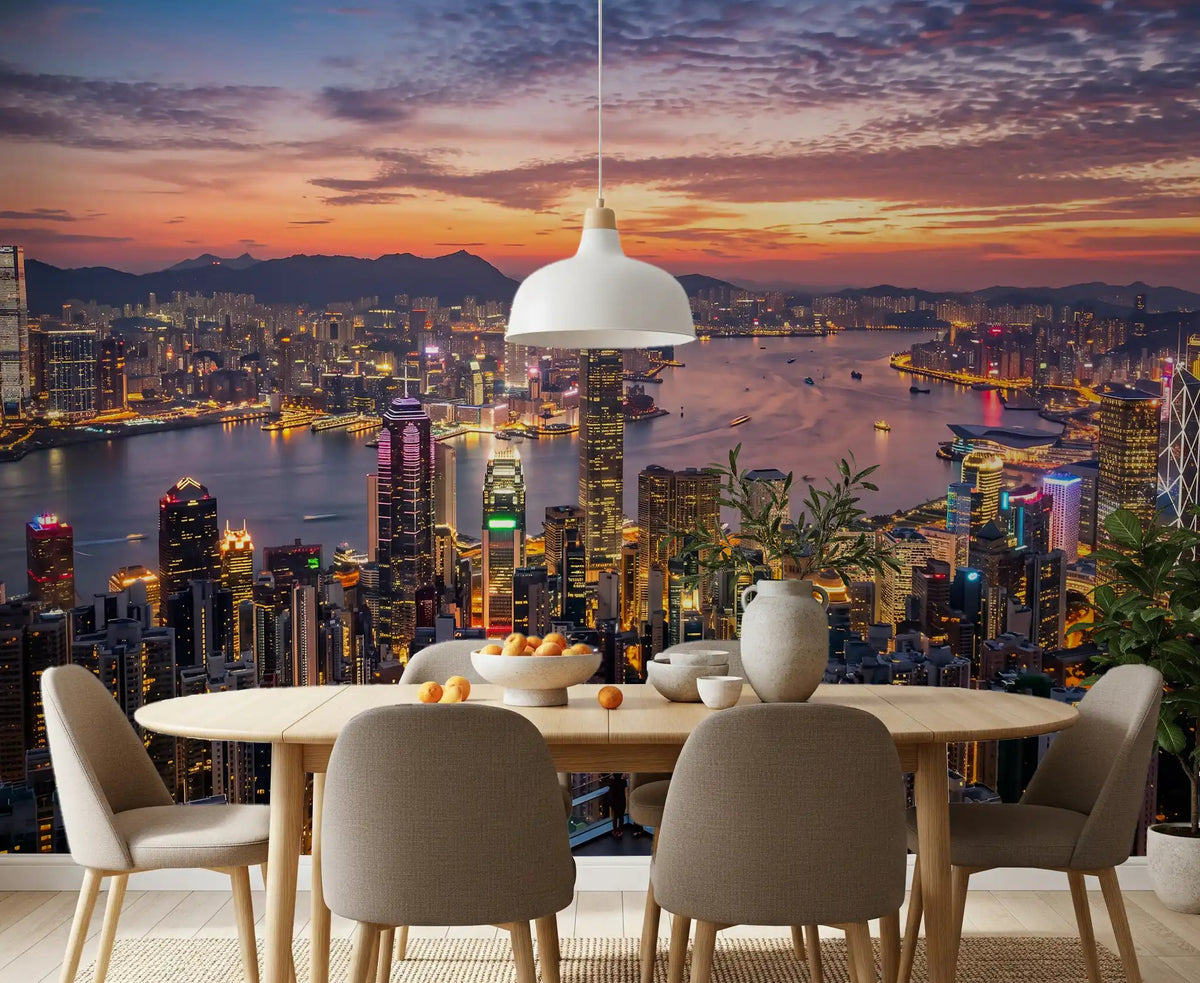 Victoria Harbour Twilight Wall Mural with orange and purple sunset for dining room., GD9888