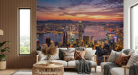 Harbour city skyline wall mural for living room with illuminated skyscrapers at dusk.